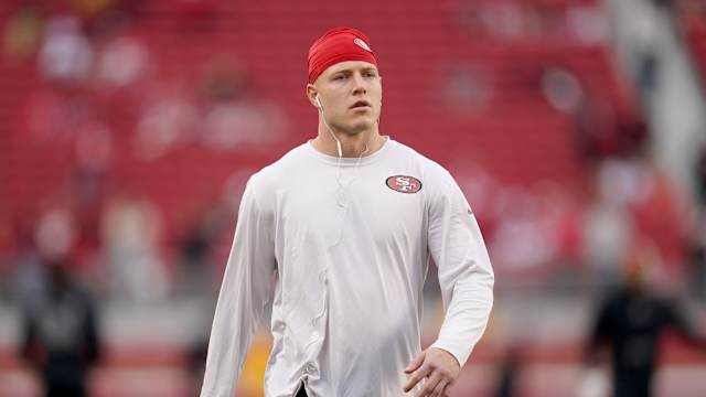 Dec 25, 2023; Santa Clara, California, USA; San Francisco 49ers running back Christian McCaffrey (23) walks on the field before the start of the game against the Baltimore Ravens at Levi's Stadium. Mandatory Credit: Cary Edmondson-USA TODAY Sports